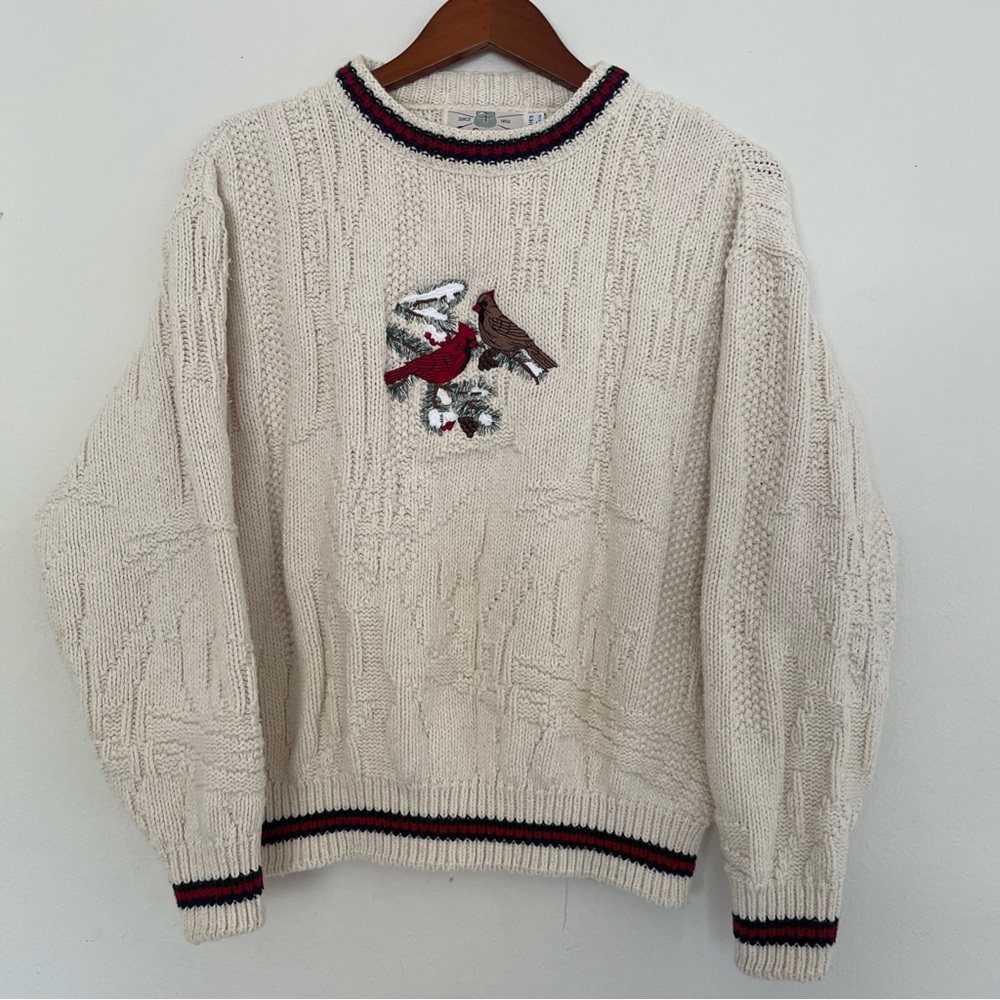 Vintage ORVIS Sweaters Womens Large White Embroiered Birds Cottagecore Holidays